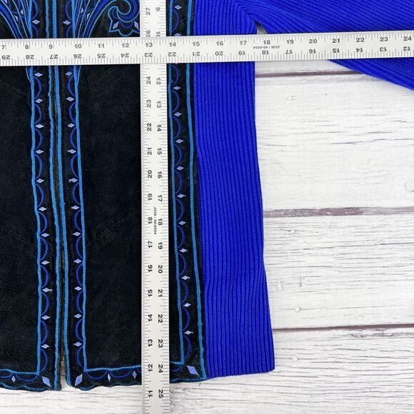 Bob Mackie Womens XS Leather Art Artsy Zip Sweater Jacket Embroidered Boho - Picture 11 of 11